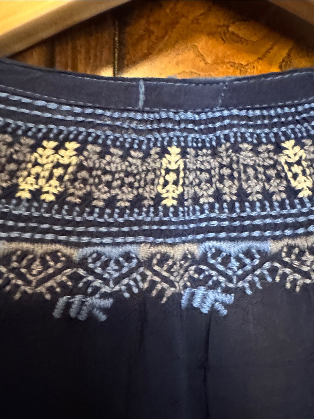 Johnny Was Navy Embroidered V-Neck Peasant Blouse - Picture 6 of 9